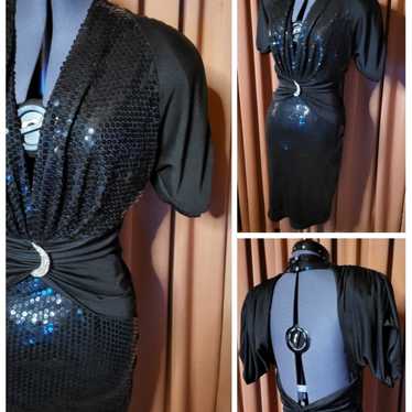 80s Black Sequin Vamp Wiggle Dress