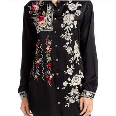 Johnny Was Roma Embroidered Oversized Satin Shirt 