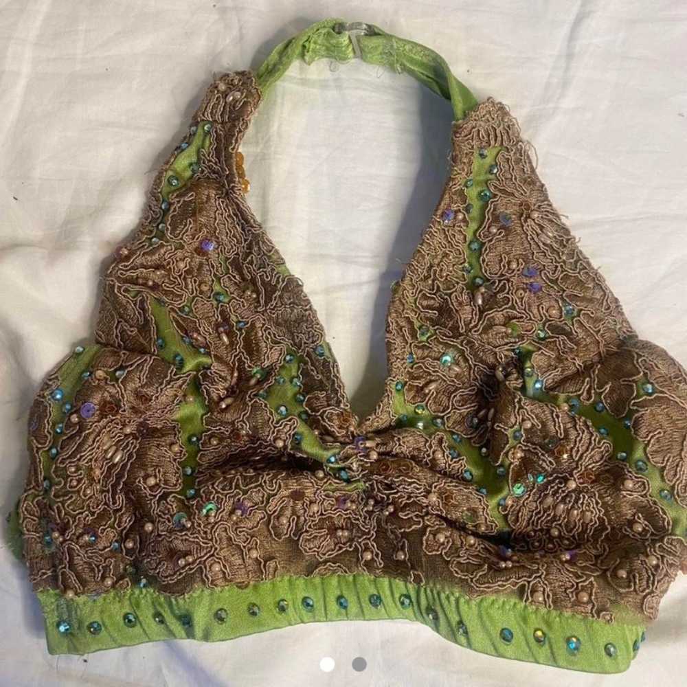 Green/brown handmade beaded/lace halter top - image 1