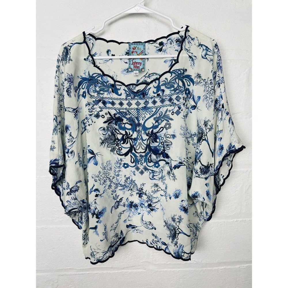 JOHNNY WAS Blue Deer Embroidered Silk Blouse Large - image 1