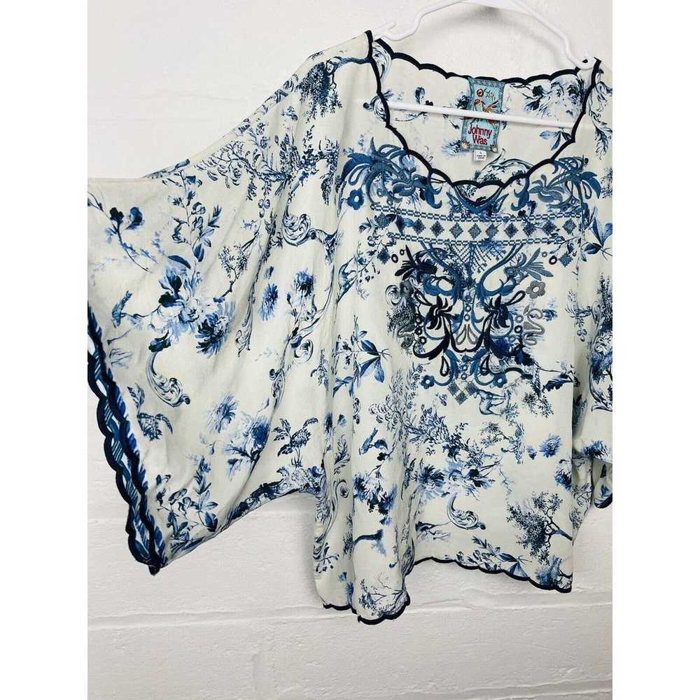 JOHNNY WAS Blue Deer Embroidered Silk Blouse Large - image 2