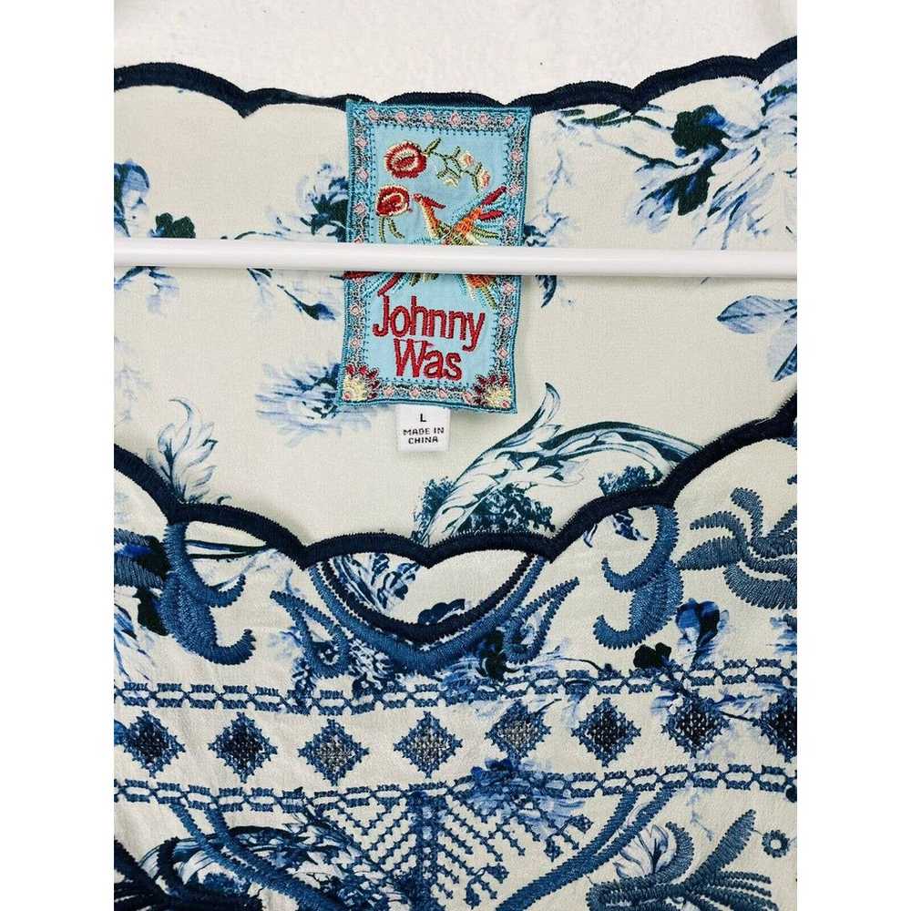 JOHNNY WAS Blue Deer Embroidered Silk Blouse Large - image 3