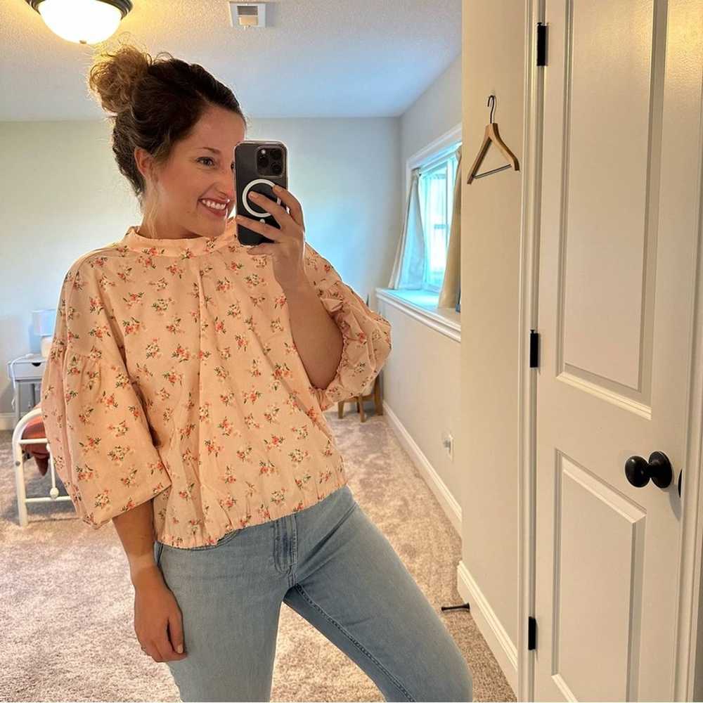 Anthropologie Pink Floral Rose Puff Sleeve Top XL - image 2