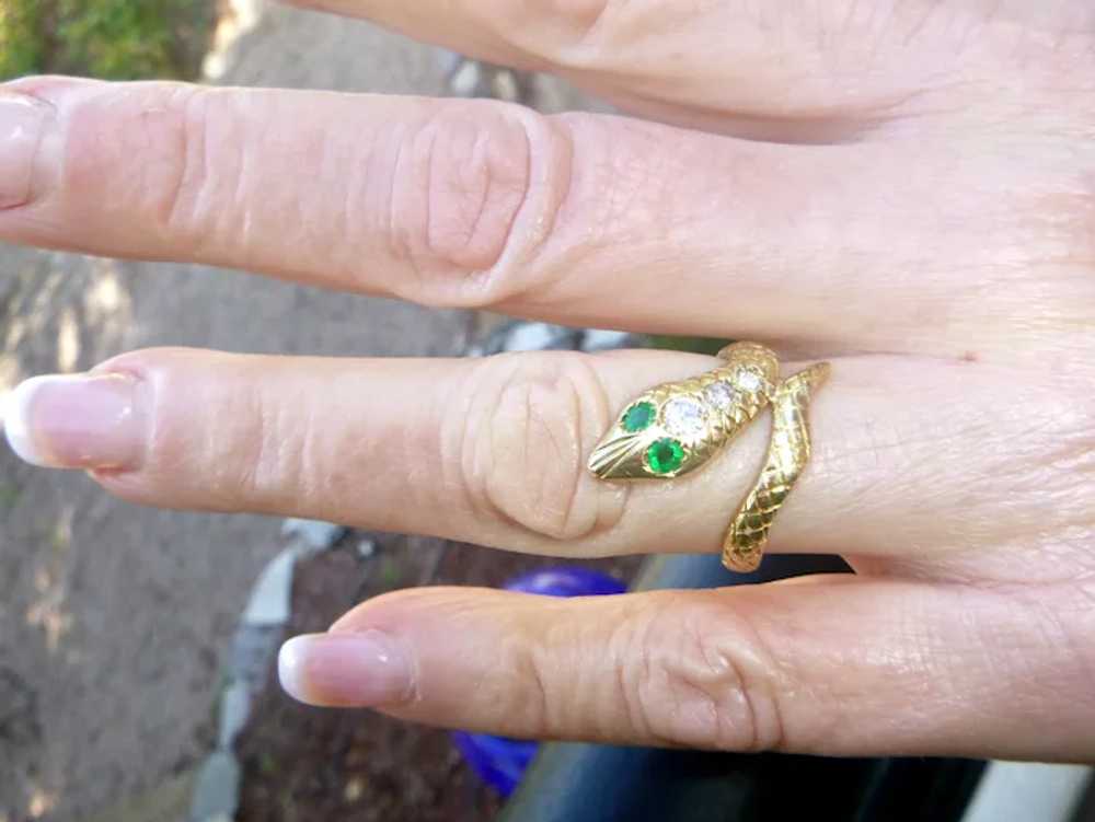 Antique Emerald, Diamond 18K Snake Ring - image 10