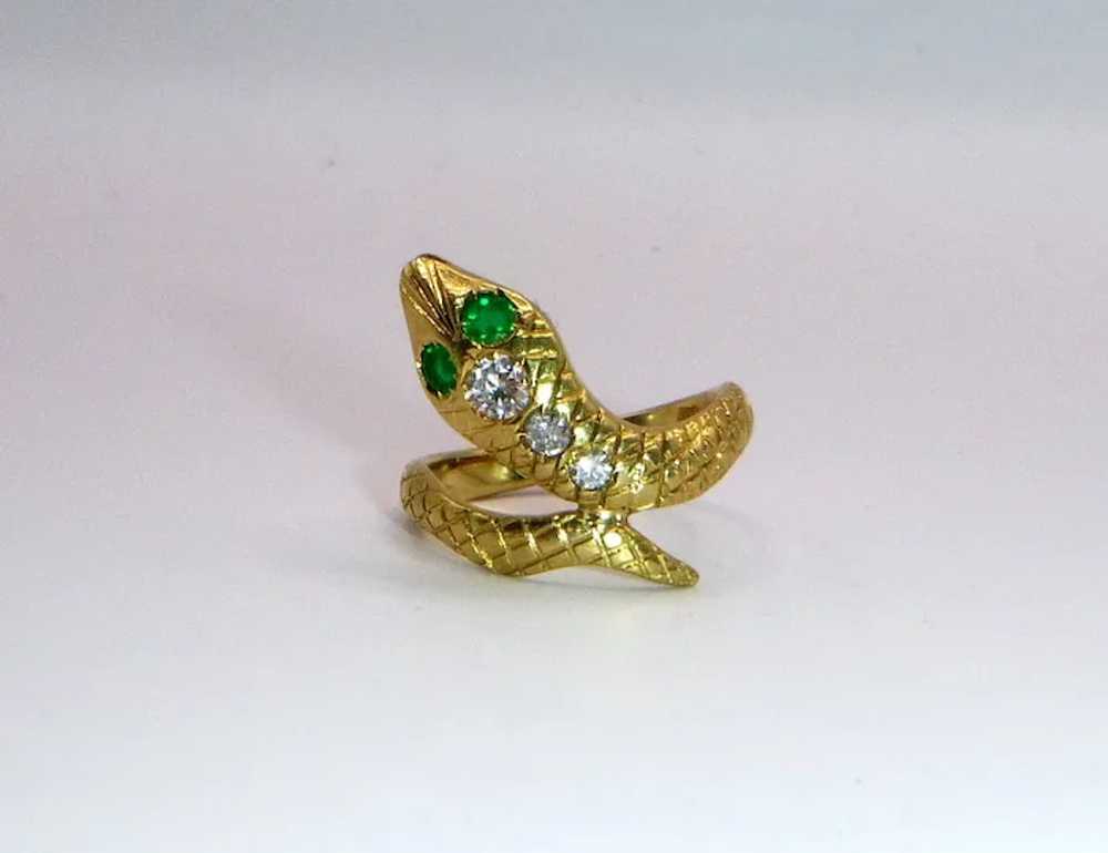 Antique Emerald, Diamond 18K Snake Ring - image 11