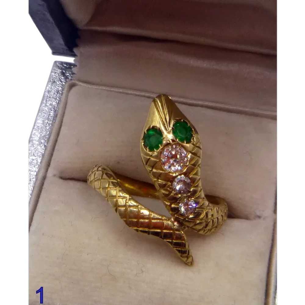 Antique Emerald, Diamond 18K Snake Ring - image 1