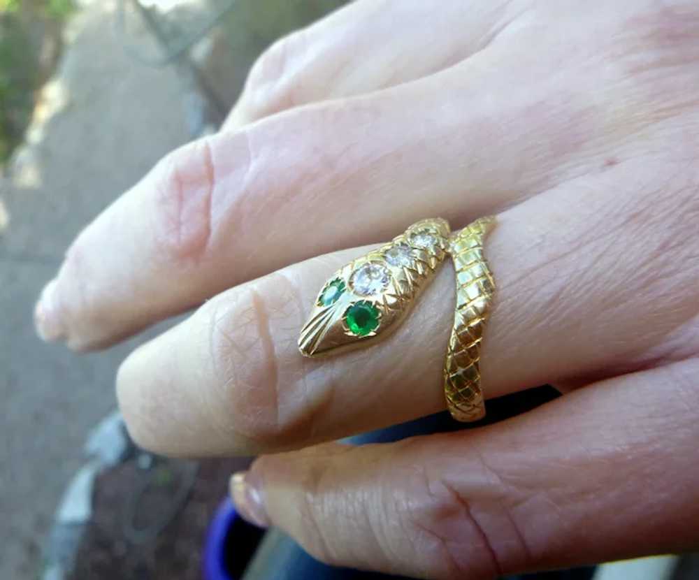 Antique Emerald, Diamond 18K Snake Ring - image 3