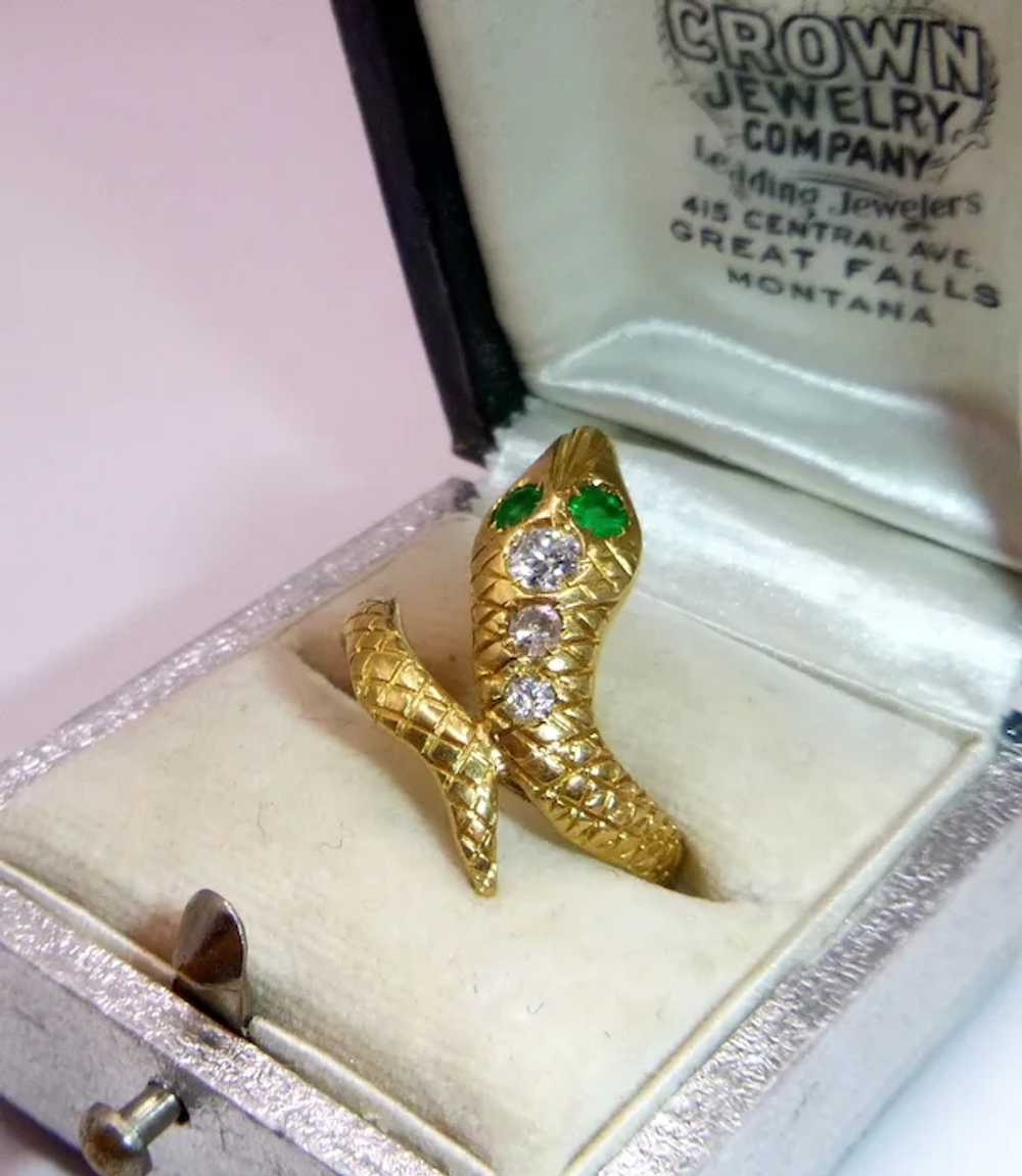 Antique Emerald, Diamond 18K Snake Ring - image 8