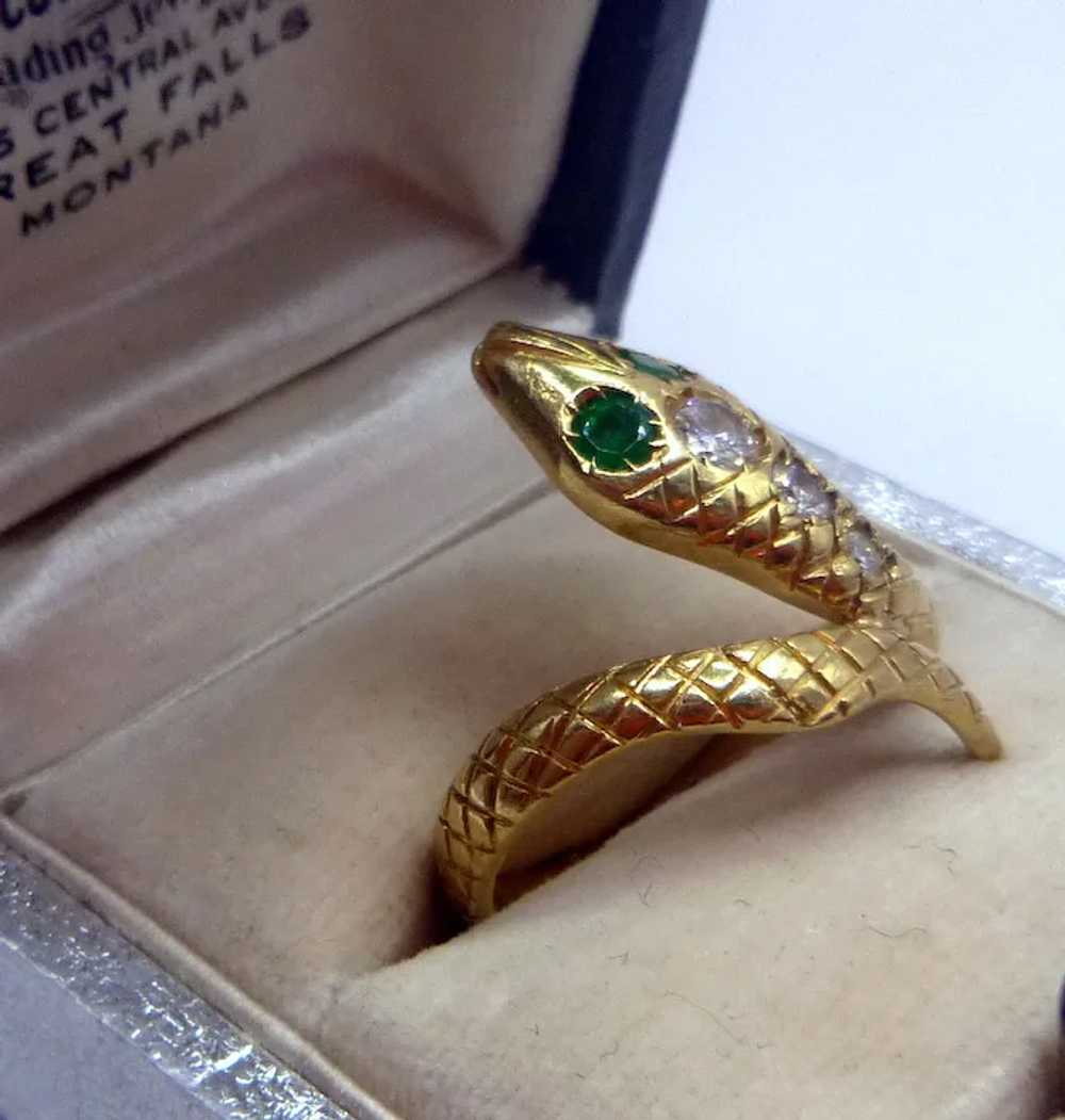 Antique Emerald, Diamond 18K Snake Ring - image 9