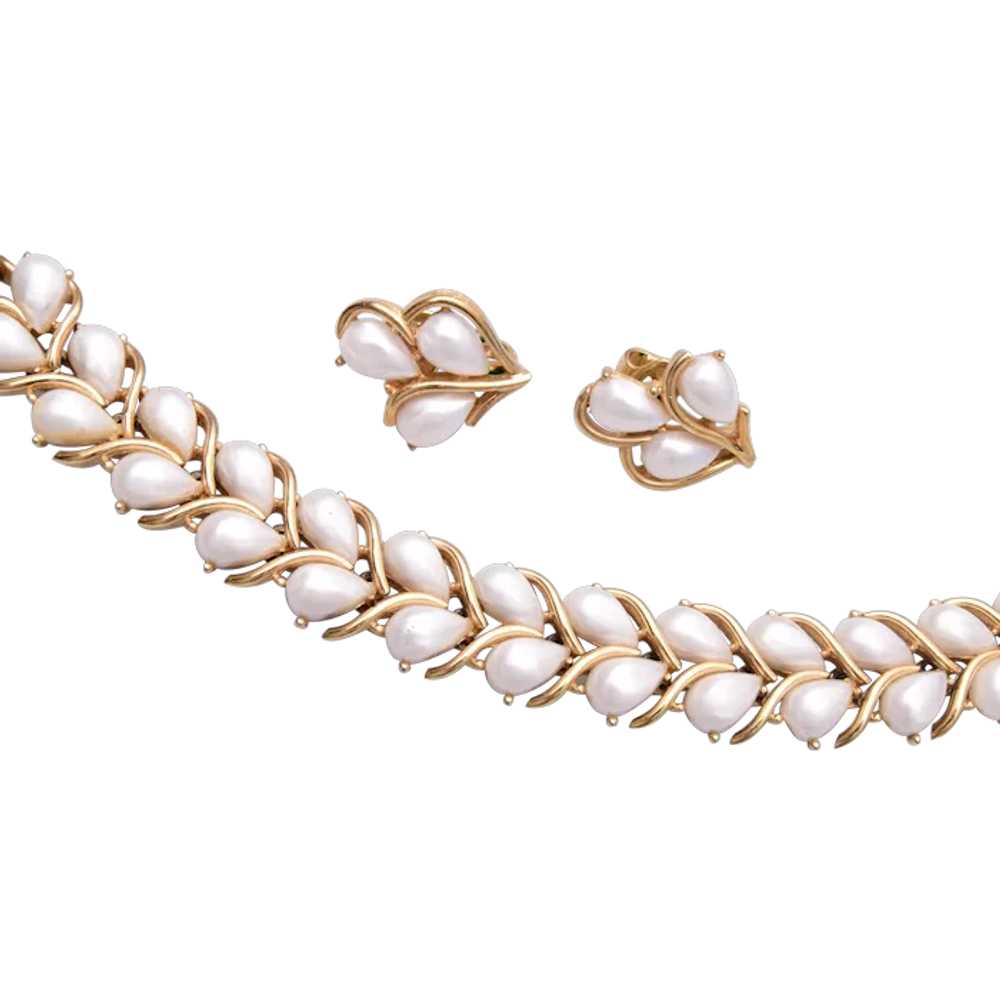 Crown Trifari Faux Pearl Bracelet and Earring Set - image 1