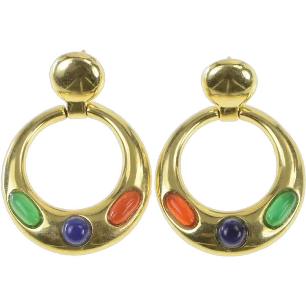 14K Vintage Circle Green Blue Red Dangle Earrings… - image 1