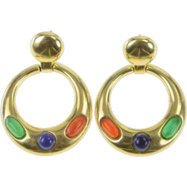 14K Vintage Circle Green Blue Red Dangle Earrings… - image 1