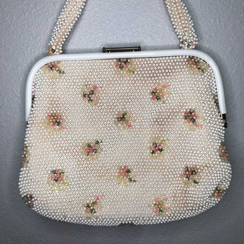 White Beaded Purse Pink 1950's Vintage - image 2