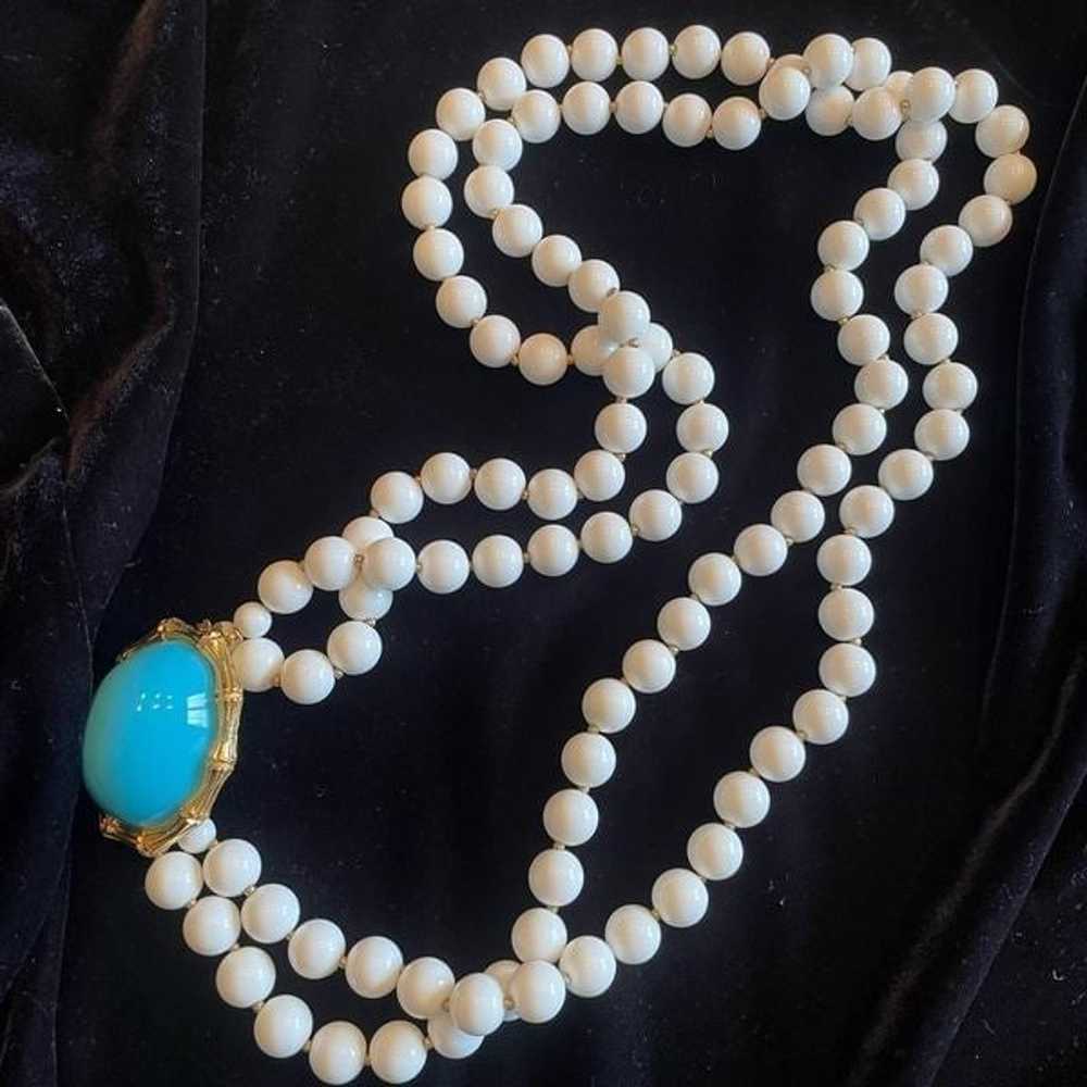 Vintage chunky double strand white beads and enam… - image 1
