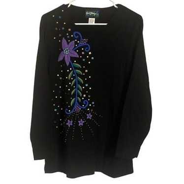 Vintage 80's Black Knit Floral Embroidered Sequin… - image 1
