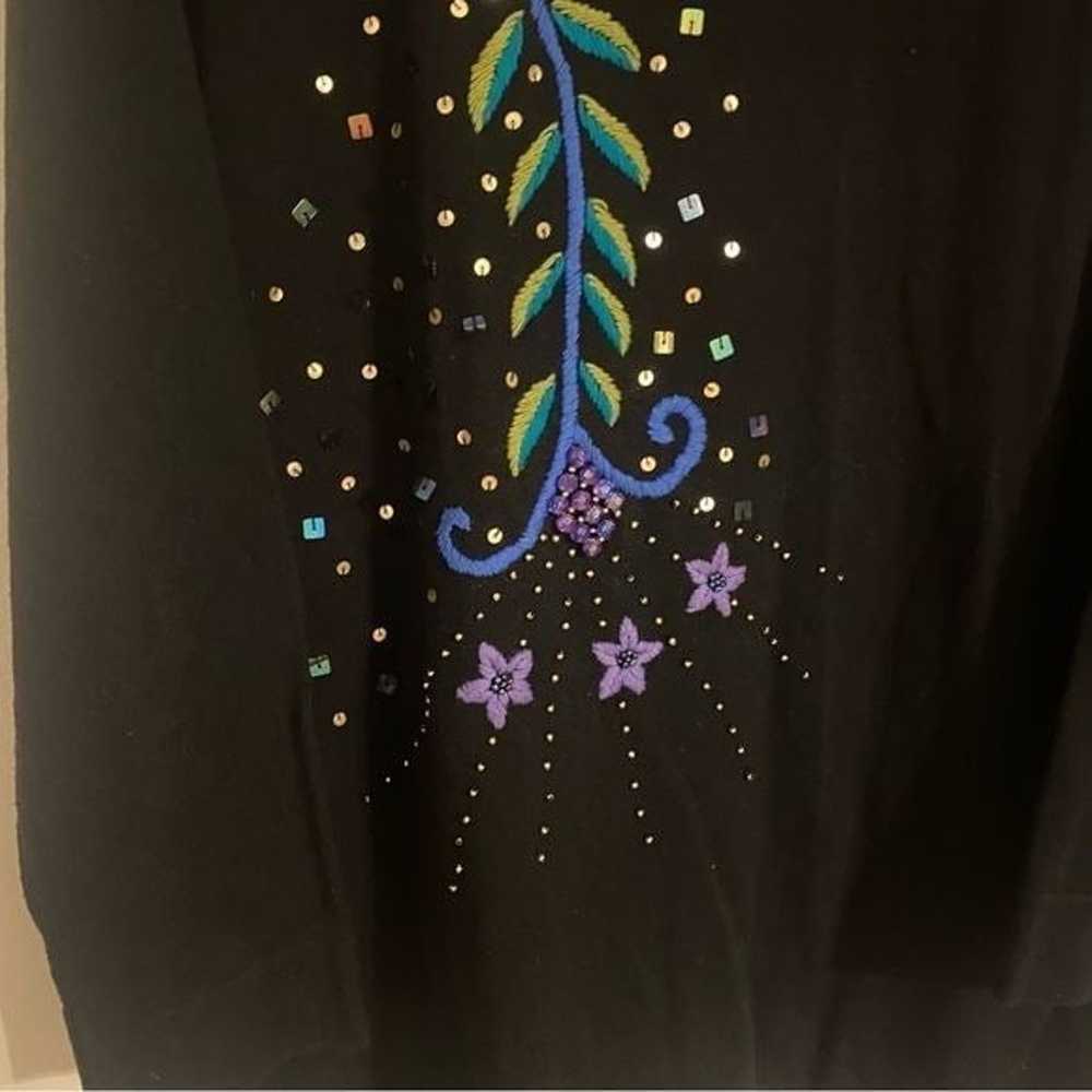 Vintage 80's Black Knit Floral Embroidered Sequin… - image 4