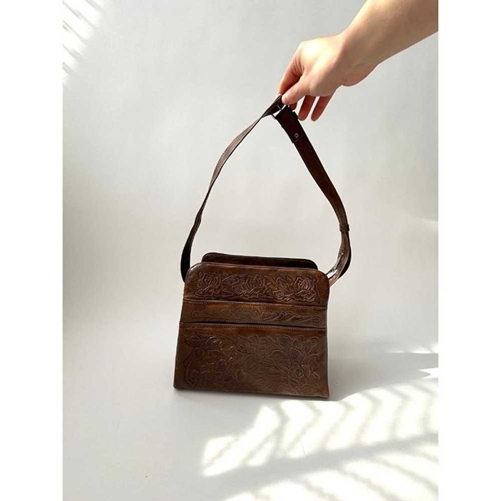 Mexican Made Hand Tooled 1970's Brown Leather Pur… - image 3