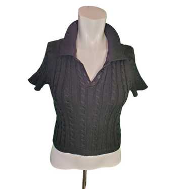 525 525 America Black Cable Knit Collared Semi Cro