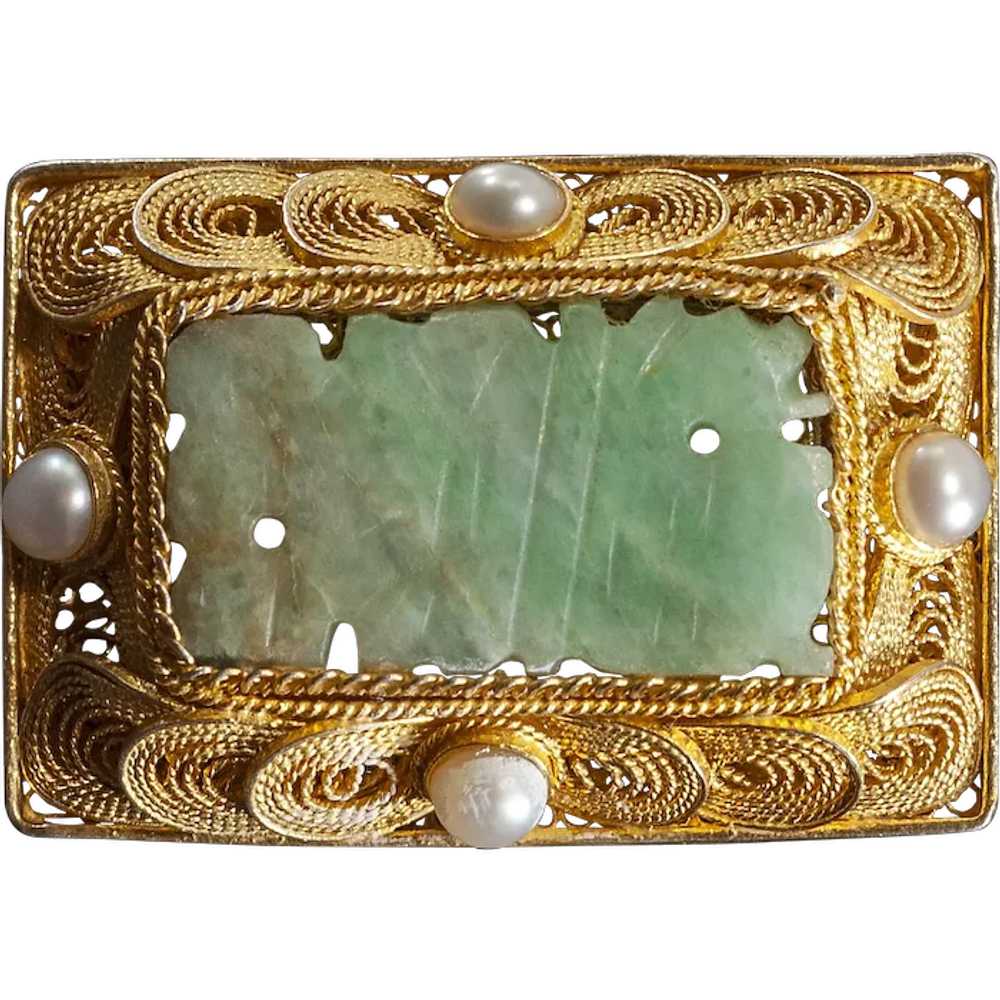 Antique Chinese Jadeite Gilt Silver and Cultured … - image 1