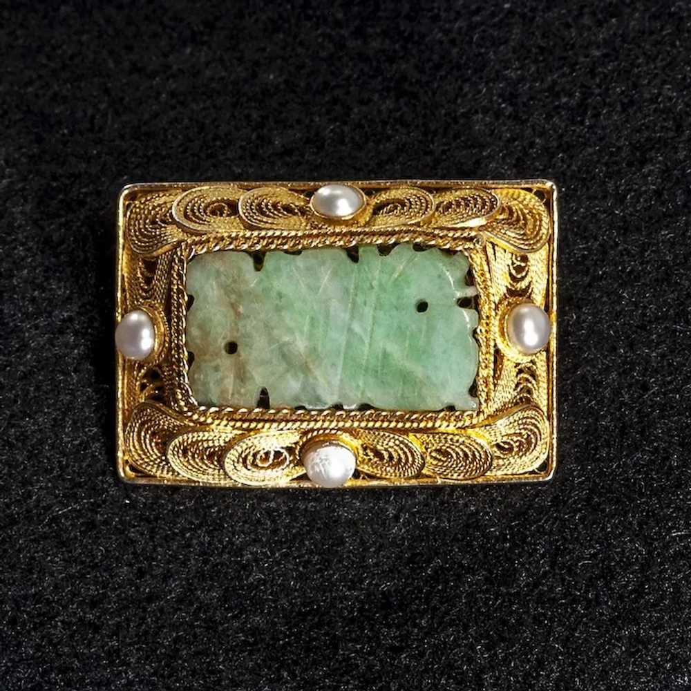 Antique Chinese Jadeite Gilt Silver and Cultured … - image 2