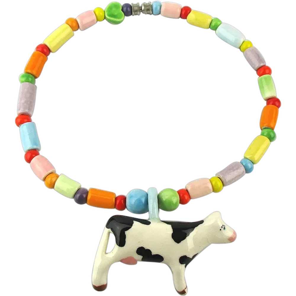 Vintage Parrot Pearls Ceramic COW Bead Necklace - image 1