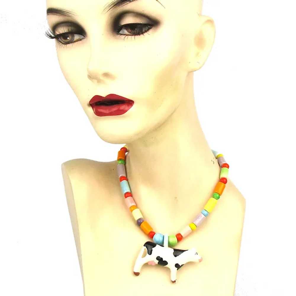 Vintage Parrot Pearls Ceramic COW Bead Necklace - image 2