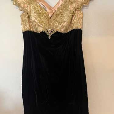Black Velvet And Gold Lace Mini Dress
