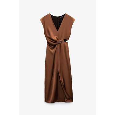 Zara Women Dress Midi Satin Cut Out Detail Brown … - image 1