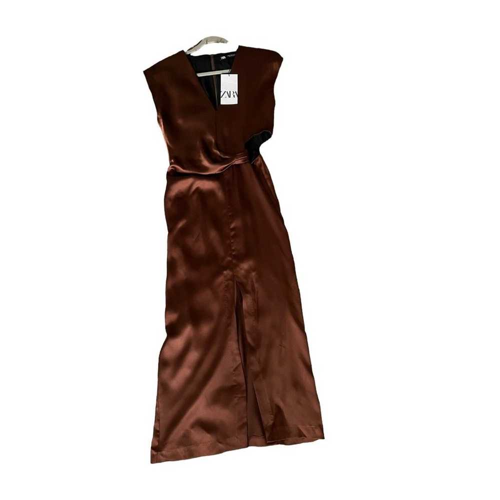 Zara Women Dress Midi Satin Cut Out Detail Brown … - image 6