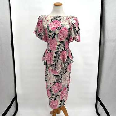 Vintage Floral Peplum Wiggle Dress Small 1980s Ba… - image 1