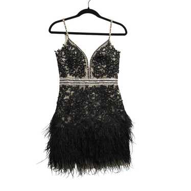 Boutique Black Plunging Neck Feather Skirt Cocktai
