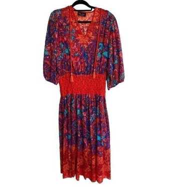 Vtg Diane Fres Dress Red Lace multicolor Boho Flo… - image 1