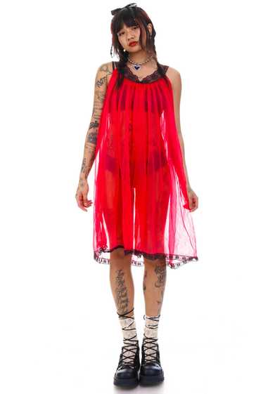 Vintage 90's Gothic Sheer Red Lace Slip Dress - S/