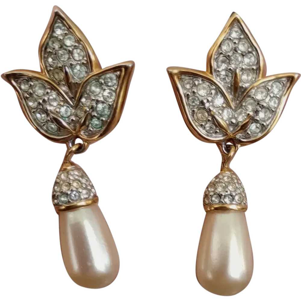 Vintage Swarovski crystal faux pearl drop earrings - image 1