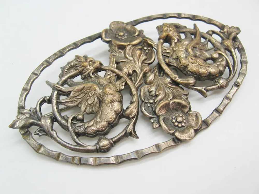 Vintage Silver tone Griffin-Winged Dragon Brooch-… - image 2