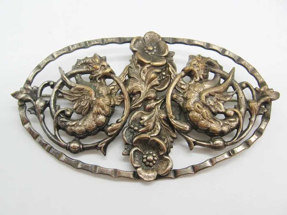 Vintage Silver tone Griffin-Winged Dragon Brooch-… - image 4