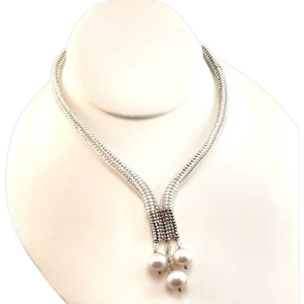 Mesh Beaded Necklace with Real Round Freshwater P… - image 1