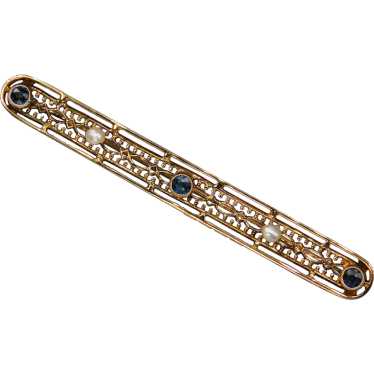 Antique 10k Deco Filigree Sapphire Bar newest Pin White & Yellow Gold