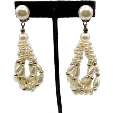 Vintage white beaded pearl tassel earrings - image 1