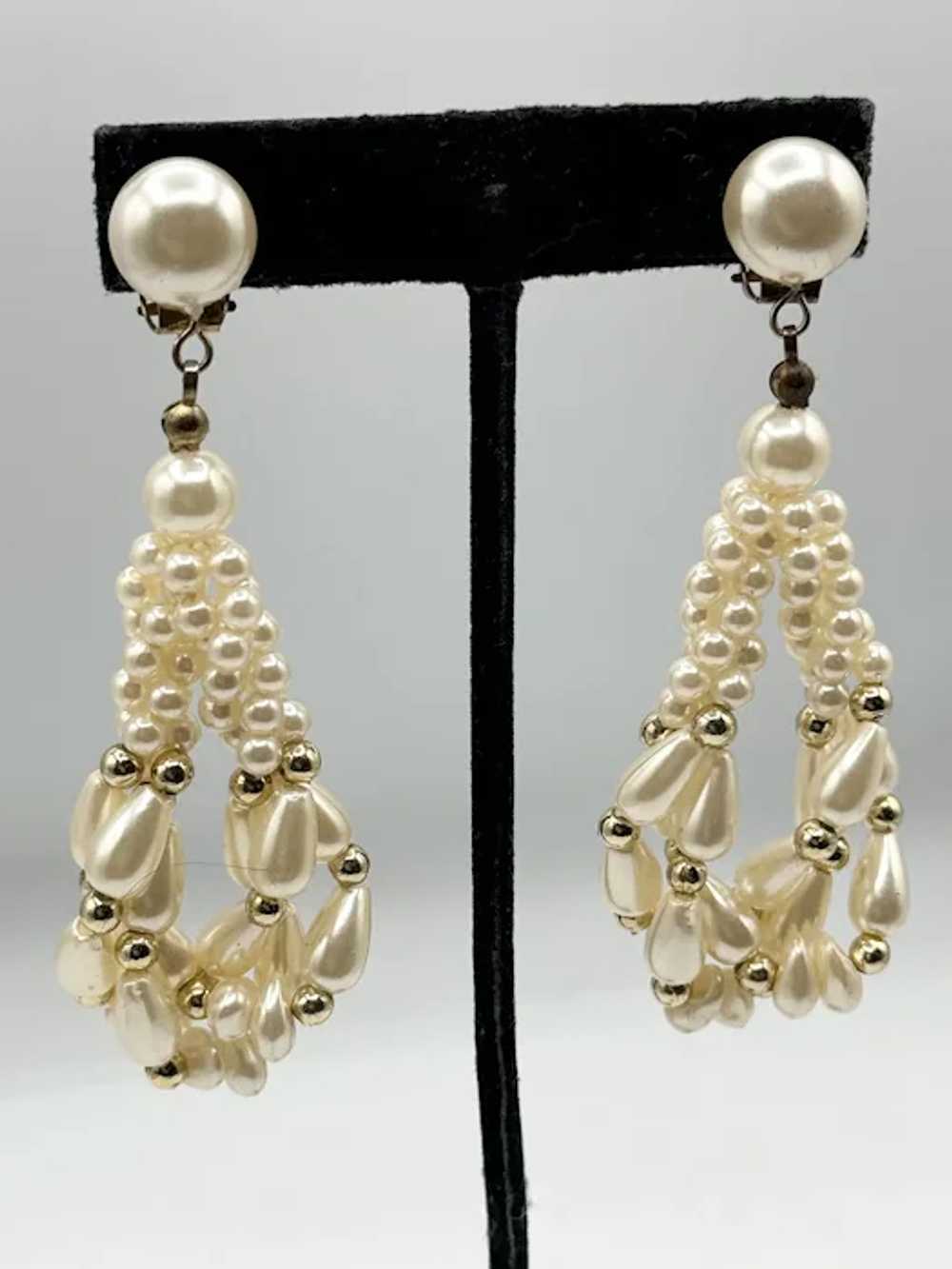 Vintage white beaded pearl tassel earrings - image 2