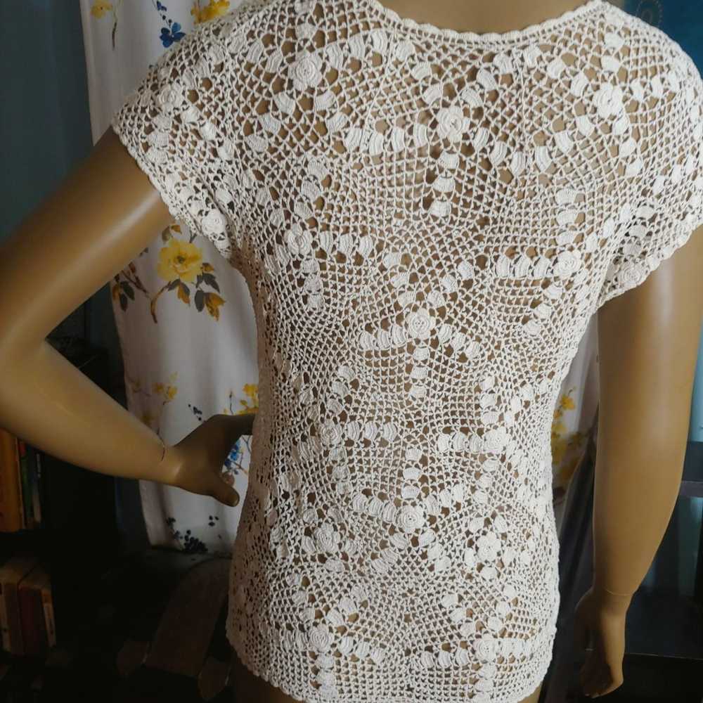 Sheer mesh lace crochet ivory white top - image 10