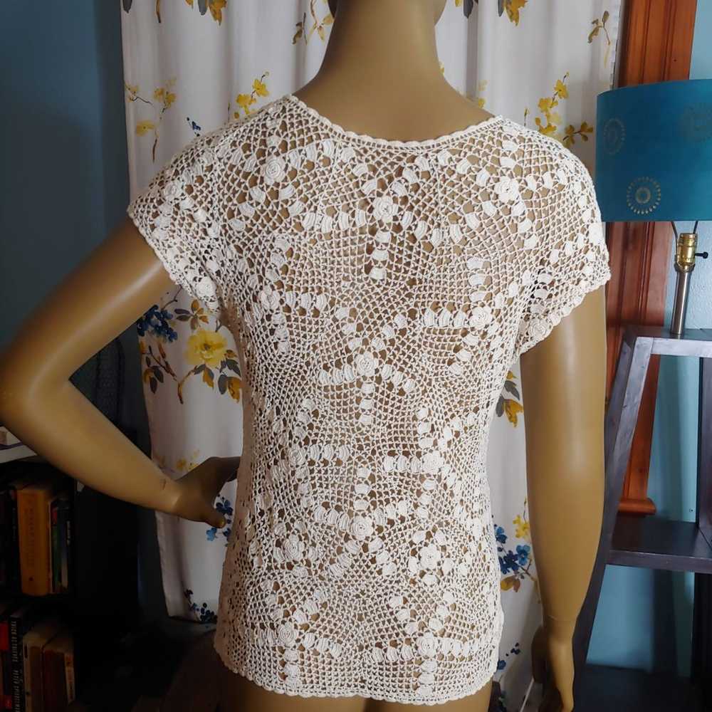 Sheer mesh lace crochet ivory white top - image 12