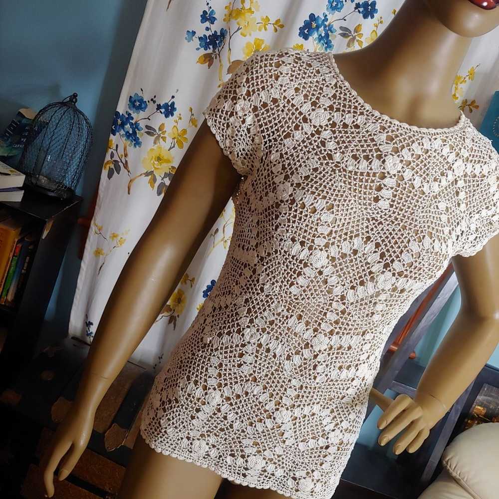 Sheer mesh lace crochet ivory white top - image 1