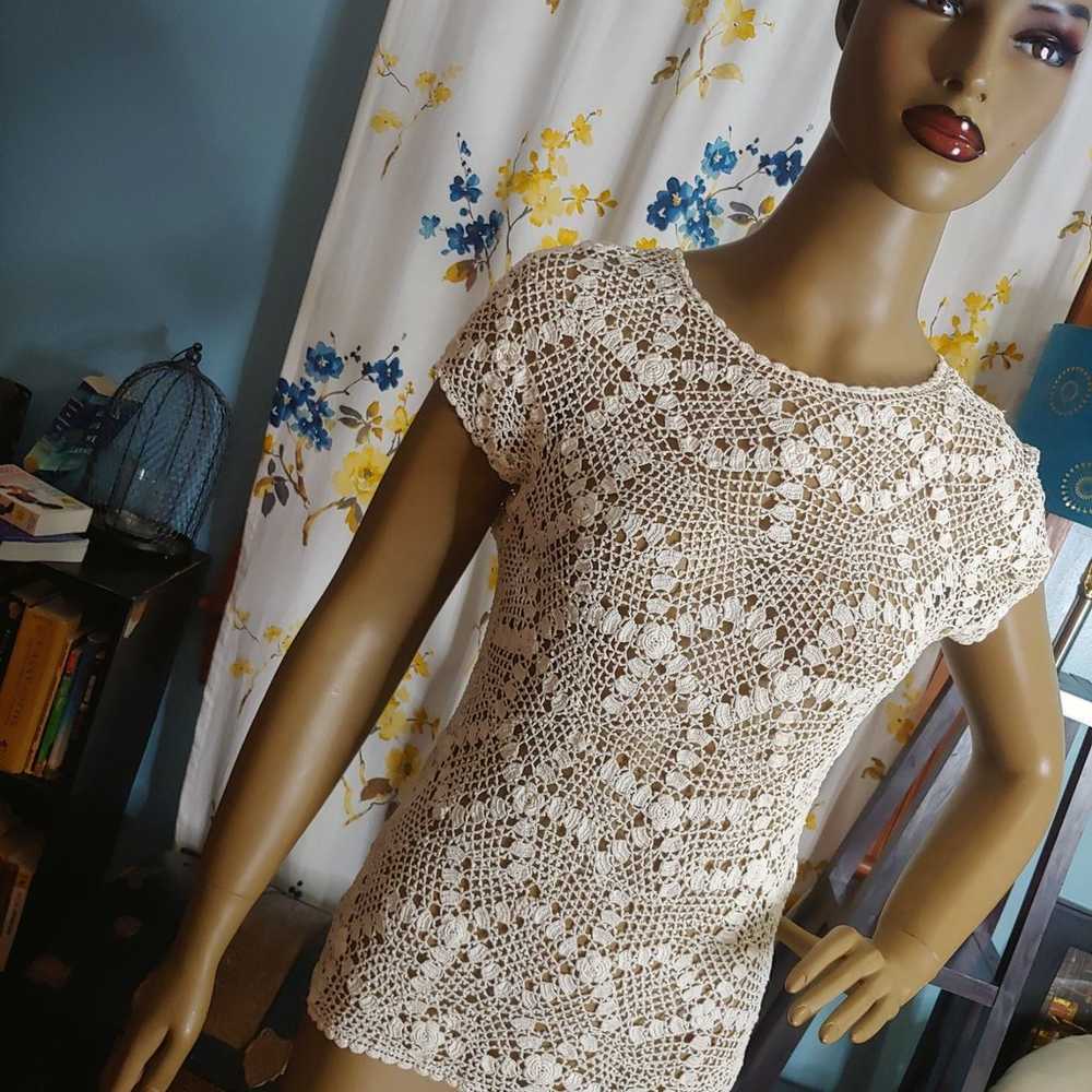 Sheer mesh lace crochet ivory white top - image 2