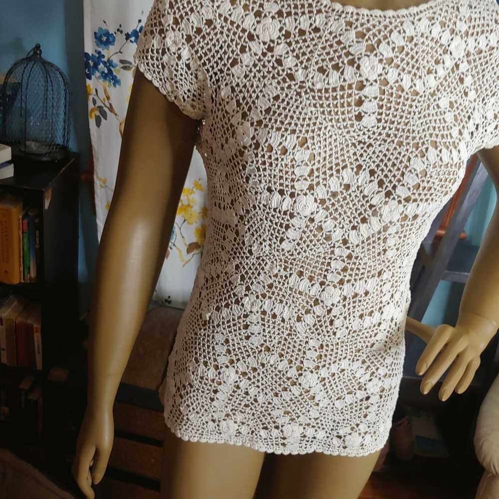 Sheer mesh lace crochet ivory white top - image 3