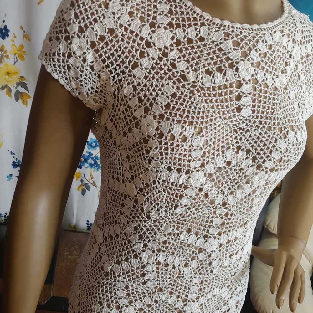 Sheer mesh lace crochet ivory white top - image 4