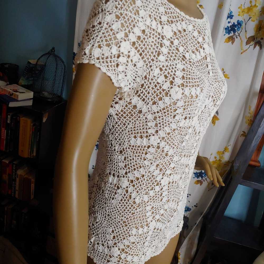 Sheer mesh lace crochet ivory white top - image 8