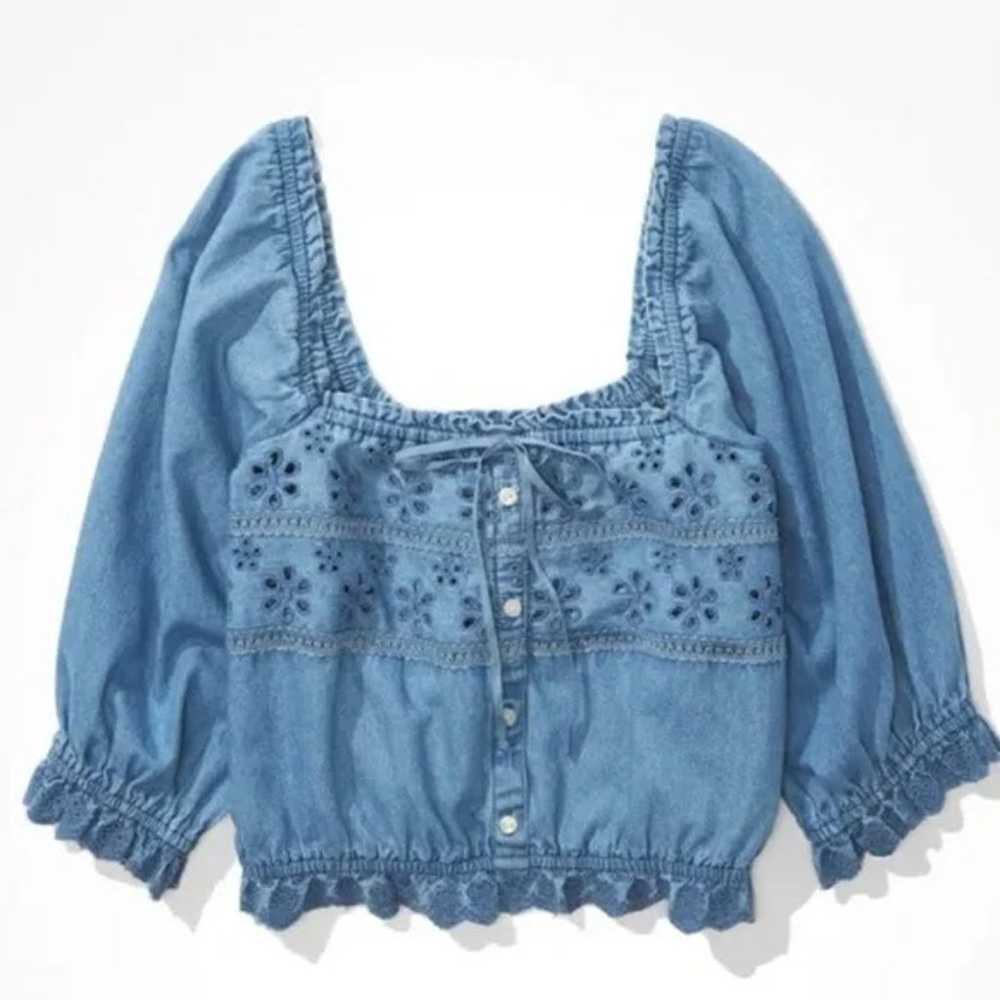 Puff-Sleeve Chambray Cropped Blouse - Small - image 1