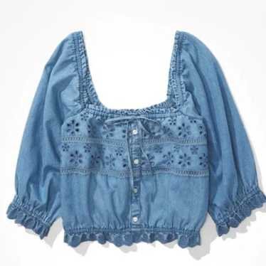 Puff-Sleeve Chambray Cropped Blouse - Small