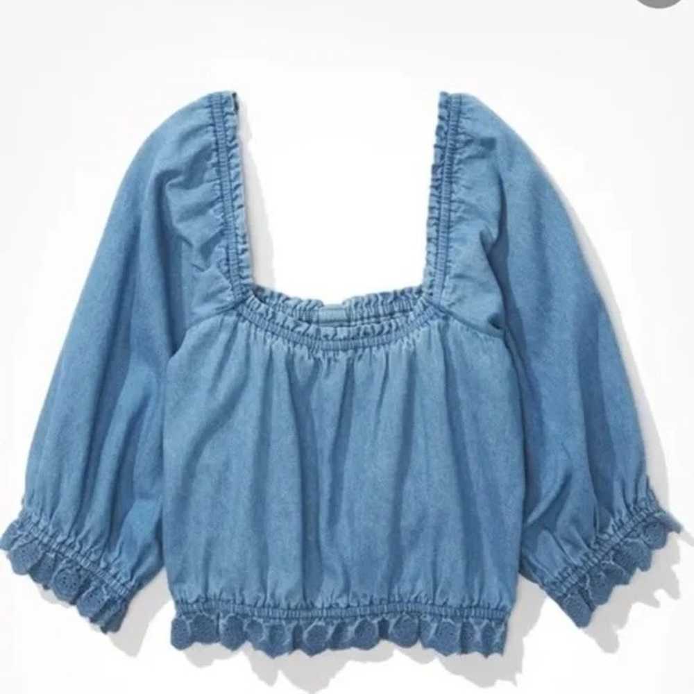 Puff-Sleeve Chambray Cropped Blouse - Small - image 2